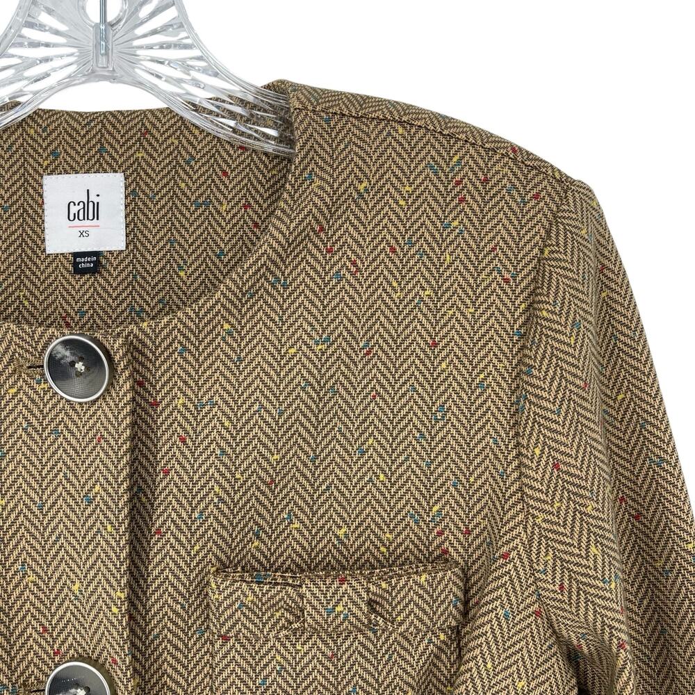 Cabi Tan Striped Herringbone Blazer Sz XSmall Bow Pockets Quiet Luxury Preppy - Picture 6 of 16